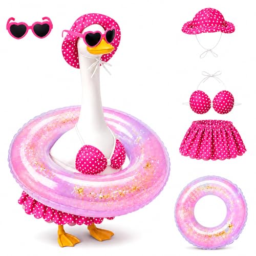 Hawaiian Porch Goose Outfit with Sunglasses & Wreath Goose Summer Outfit Porch Goose Bikini Clothes Costume Fits 23 Geese Statue Summer Garden Lawn Patio Yard Outdoor Decor (Summer style-Pink)