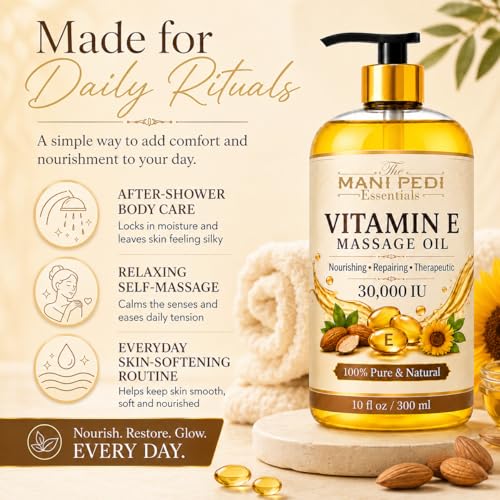 Image of TMPE Vitamin E Massage Oil 30,000 IU - Body Massage Oil for Dry Skin, Stretch Marks & Skin Glow |Skin Elasticity & Nourishment | 300ml
