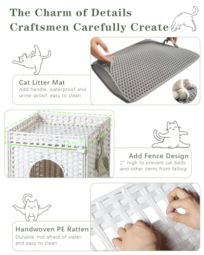 Image of SETVSON Cat Litter Box Enclosure Furniture, Hidden PE Rattan, White | PE Rattan Kitty House with Top Fence, Fits Standard Litter Box, Included Litter Mat, 2 S-Hooks, Sturdy Metal Frame