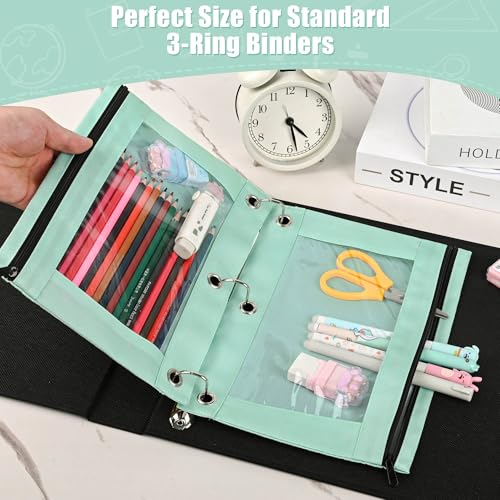 Image of Lanpn Pencil Pouch for 3 Ring Binder 6 Pack, Pastel Binder Pen Bags with Zipper, 3 Holes Pencil Holder Stationary Organizer for Boy Girl Kids School Student, Reinforced Grommets & Clear Window, Green