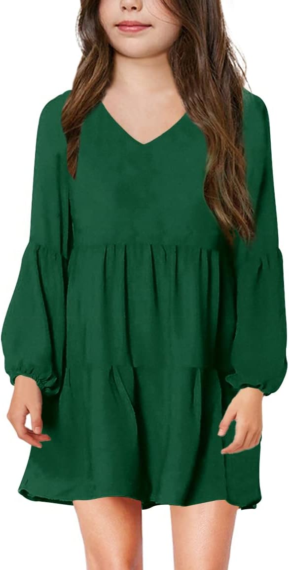 Imily Bela Girls Casual Tunic Dresses V Neck Long Short Sleeve School Party Swing Dress 5-14 Years