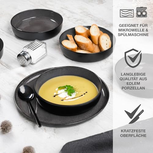 Moritz & Moritz VIDA Geschirrset 6 Personen Anthrazit 18-tlg. - Modernes Porzellan Geschirr Set - Kratz-, Mikrowellen- & Spülmaschinenfest, Essgeschirr, Tafelservice, Kombiservice 6 Personen