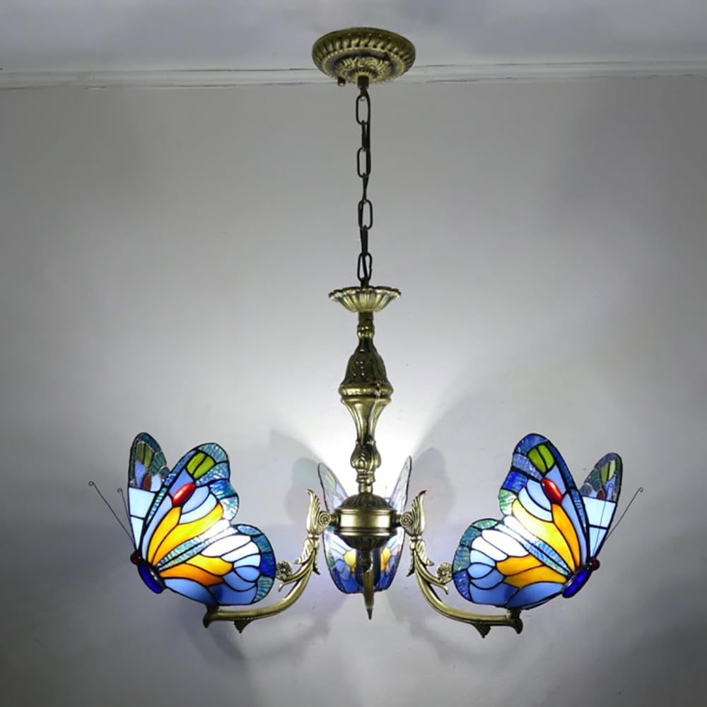 Stained Glass Chandelier, Tiffany Style Hanging Light, Vintage Blue Butterfly Pendant Light Fixture for Living Room Dining Room (9 Lights)