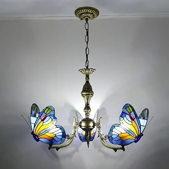 Stained Glass Chandelier, Tiffany Style Hanging Light, Classic Blue Butterfly Pendant Light Fixture for Bedroom Foyer 3 Lights