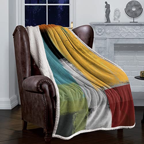 Sherpa Fleece Throw Blanket For Couch Oil Painting Geometric Abstract Yellow Orange Teal Green Grey Reversible Fuzzy Fluffy Throws For Sofa- #TOP2