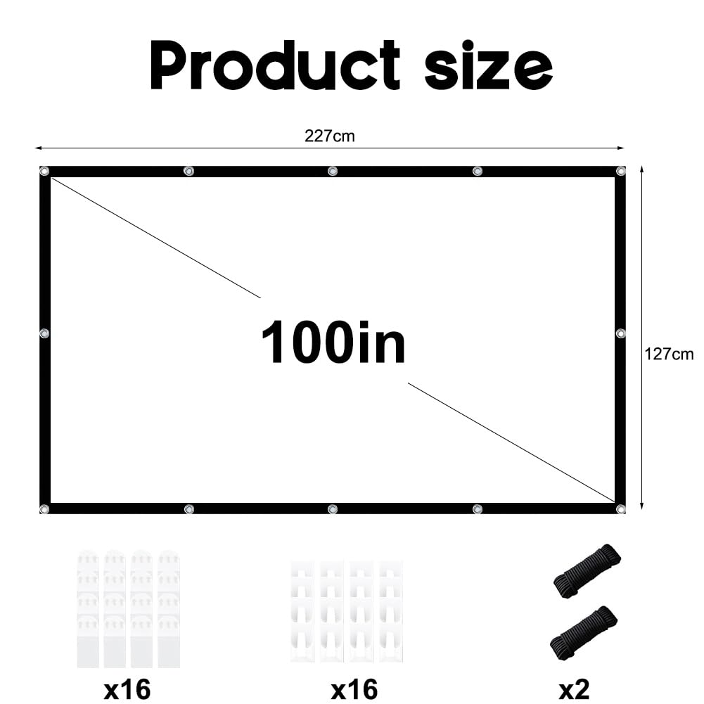 Gohytal Proiettore su tela, 16:9, HD, pieghevole, anti-piega, fronte/retro, portatile, per casa, scuola, riunioni, home theater (bianco, 100 pollici)