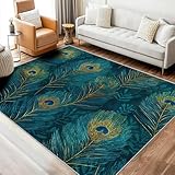 Peacock Feather Rug, Washable 6x8 Rug for Living Room, Peacock Blue Patterned Indoor Carpet, Peacock Feather Decor for Home, Bedroom, Soft Non Slip Thin Design AER212