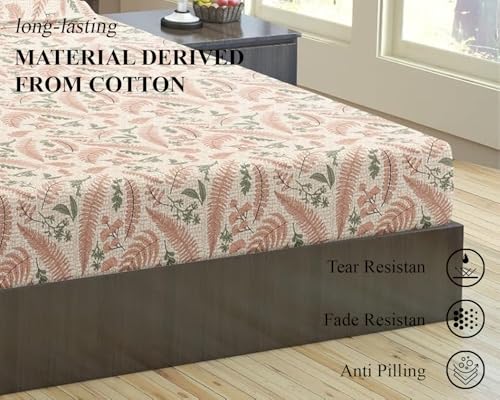 Image of Trance Home Linen 100% Cotton 144TC Elastic Fitted Bedsheet | Printed Single Size Bed Elasticated Fitted Bedspread with 1 Pillow Cover (72x30 inch, Foliage Peach)