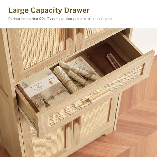 Image of TEENFON 47.2 inch H Tall Storage Cabinet with Adjustable Shelf, Rattan Cabinet, Cupboard for Living Room, Dining Room, Entryway, Home Office, Natural