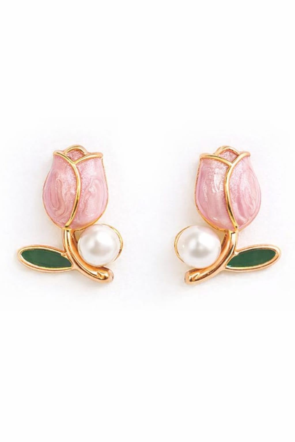 Pink Tulip Flower Stud Earrings, Rose Gold Tone, Pearl Accent, Green Leaf Design-image-5