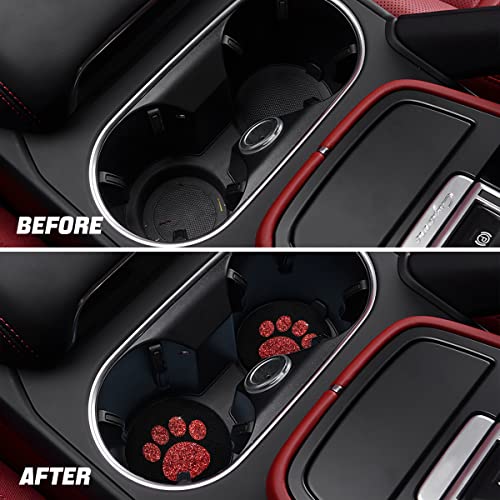 Auceli 2 Pack Car Cup Holder Coasters, 2.75In Bling Glitter Rhinestone Paw Print Cup Coaster, Rubber Non-Slip Insert Auto Drink Mat, Universal Car Interior Accessories For Suv, Truck, Rv (Red) #TOP2