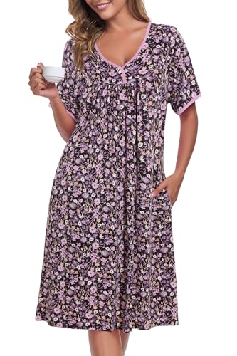 Image of AVIIER Nightgows for Women Soft Cotton Night Shirts Short Sleeve Sleepwear with Pockets