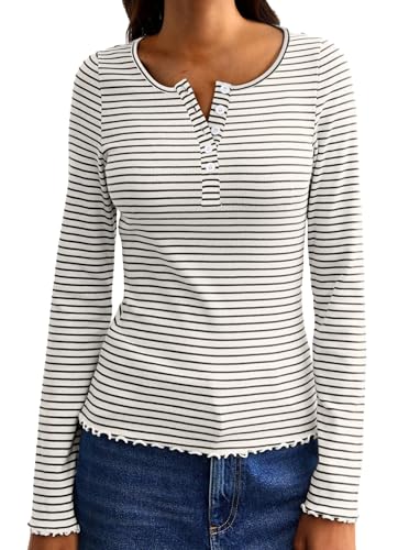 LilyCoco Womens Striped Shirt Ribbed Long Sleeve Crewneck Basic T Shirts