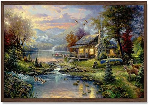Thomas Kinkade Canvas Painting - Village Canvas Prints Thomas Kinkade Pictures Farmhouse Mountain Lake Nature Thomas Kinkade Wall Art for Living Room Bedroom Decor 16x24 Inch Unframed