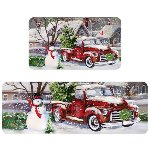Christmas Kitchen Rugs Sets of 2 Non Slip Winter Farmhouse Snowman Red Truck Xmas Kitchen Runner Rug with Rubber Backing Chrismas Snowflake Kitchen Mat for Floor 17"x47"+17"x30" for Hallway Laundry