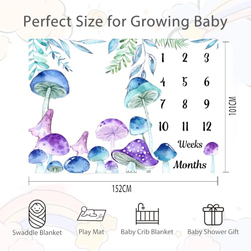 Image of Mushroom Theme Baby Monthly Milestone Blanket, Soft Flannel Watercolor Spring Tropical Eucalyptus Leaves Botanical Photography Prop Newborn Baby Shower Age Growth Tracker (Purple Blue, 60x40in)