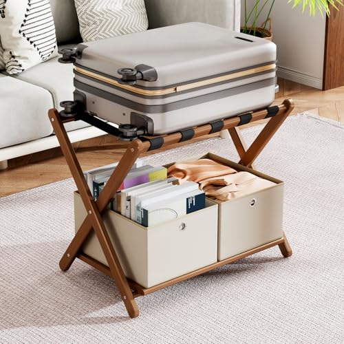 Fully Assembled Walnut Luggage Racks Set of 2 with 4 Storage Boxes, 26.77" Bamboo Luggage Rack Stand for Guest Room, 5 Nylon Straps, Folding Suitcase Stand with Storage Shelf for Bedroom Hotel