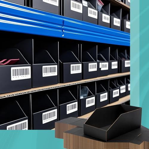 Image of Fuyoooo 30 Pack 12 x 4 x 4. 5 Inches Cardboard Storage Bins Open Top Bin Boxes Black Corrugated Shelf Organizer Bins for Pantry, Parts, Garage, Snacks, Bottles, Cans or Warehouse Home Cubby