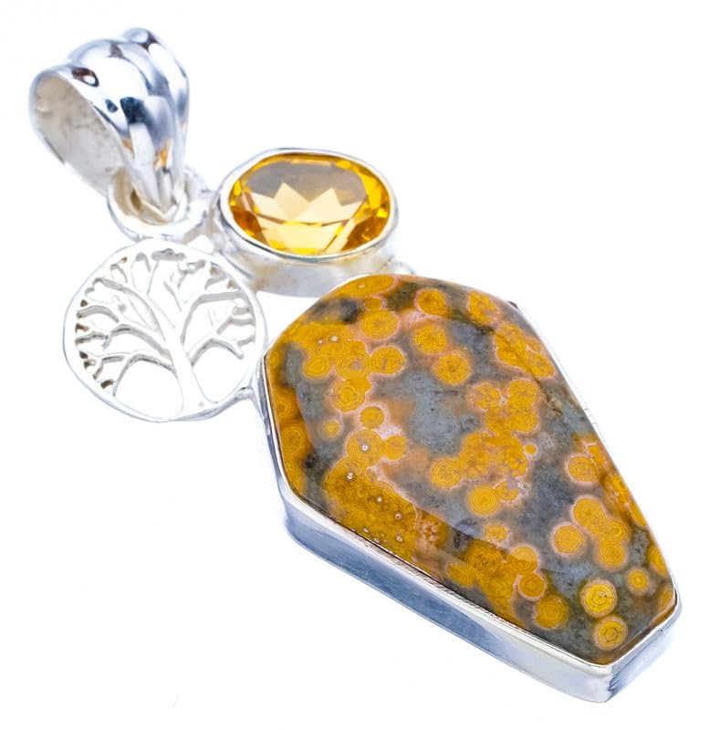 Pendentif jaspe océanique citrine en argent 925 : bijou arbre fait main 4.45cm