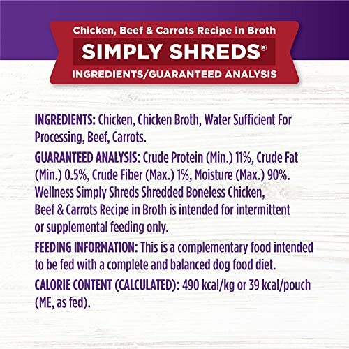 Wellness Bowl Boosters Simply Shreds Wet Dog Food Topper for Small, Medium, & Large Breeds, Grain Free, Natural, Chicken Variety Pack, 2.8 Ounce Pouch (Pack of 12) - Image 6
