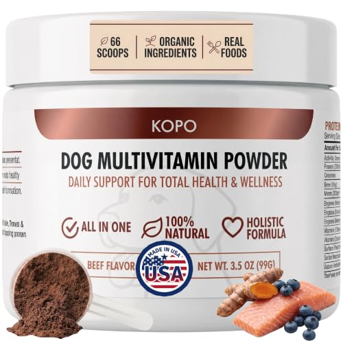 Kopo Dog Multivitamin Powder | Supports Heart Daily Vitality Immunity Digestion Skin & Coat and Hip & Joint | Dog Vitamins from Real Foods | Beef Flavor | All Breeds | Made in USA | 66 Scoops