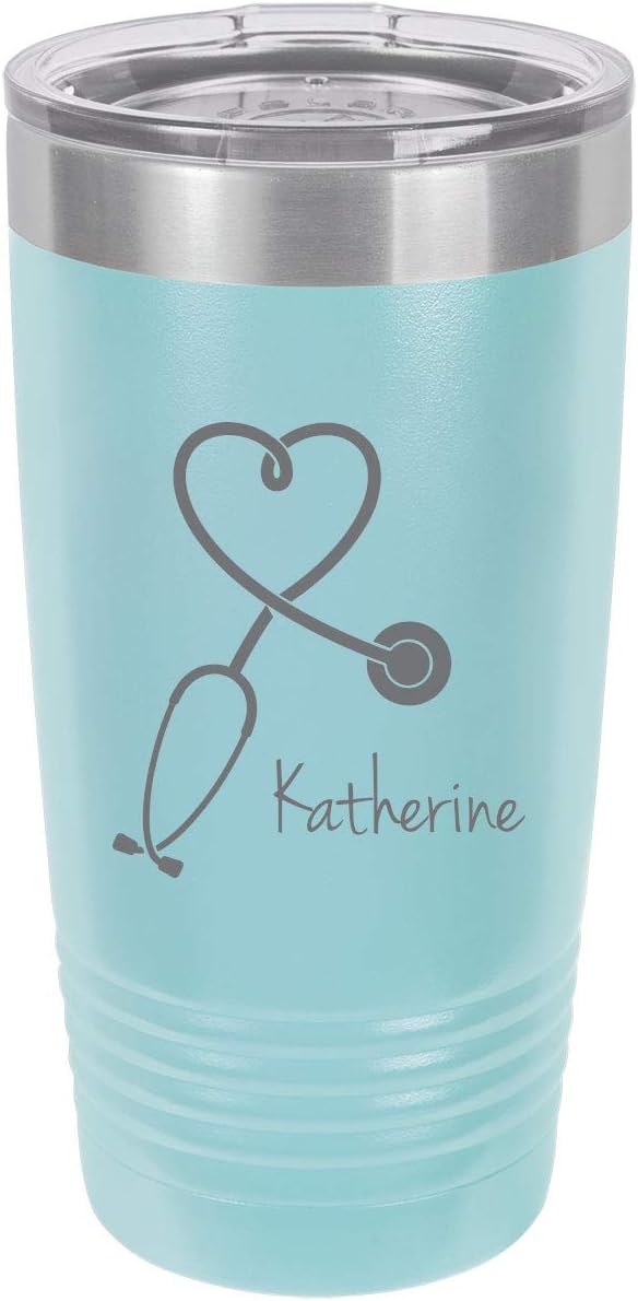 Stethoscope Nurse Personalized Add Your Custom Text Insulated Tumbler 20 Oz Travel Coffee Mug Customizable (Light Blue)