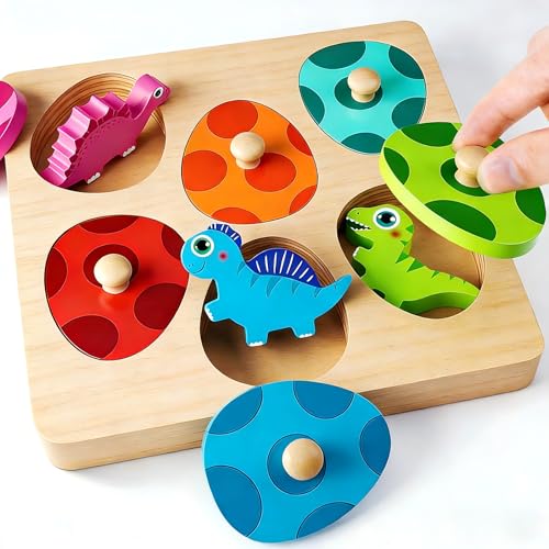 Image of Montessori Toys for 1 Year Old Boys Girls Gifts: Wooden Shape Sorter & Color Match Baby Puzzles 12-18 Months - Dinosaur Matching Eggs Peg Puzzle for 1 2 Year Old Toddler Learning Activities