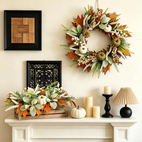 Image of 18 Inch Fall Wreath Maple Leaf Pumpkin for Front Door | Autumn Wreaths with Maple Leaves, Berries & Lamb's Ear for Thanksgiving Halloween Decoration, Indoor Outdoor Fall Decor