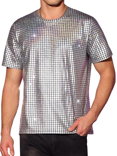 T-shirt métallique homme col rond Sparkle Glitter Tee manches courtes pour look disco chic
