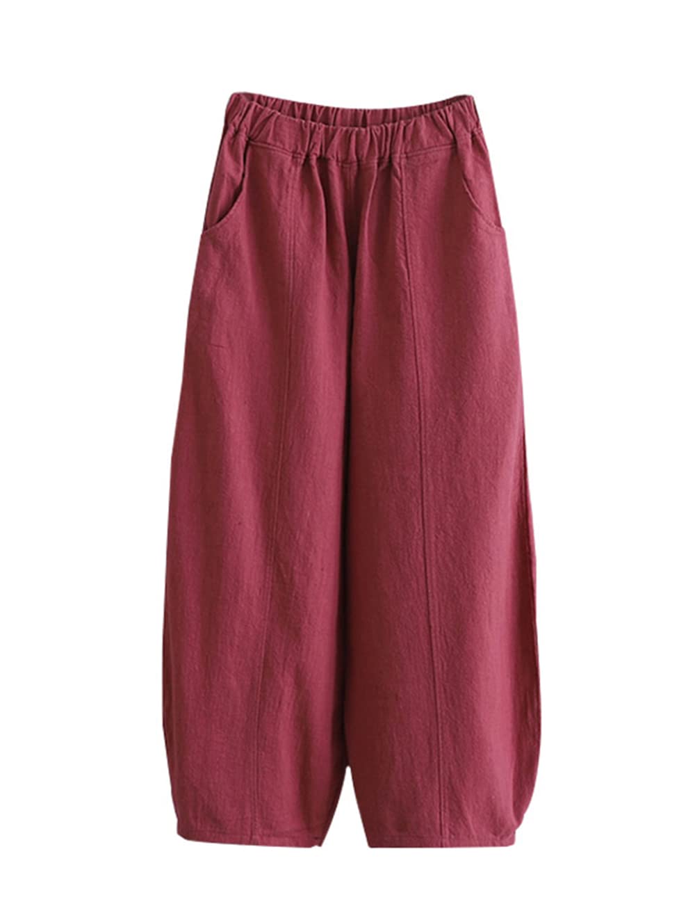 NFYM Bawełniane lniane spodnie dla kobiet latarnia stożkowa elastyczna talia relaks dopasowanie luźne spodnie, czerwony (wine red), M