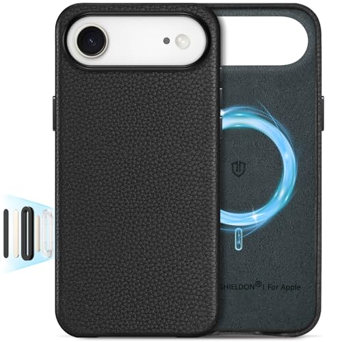 Image of SHIELDON Genuine Leather Case for iPhone Air 6.5 inch 2025, Pebbled Black | for MagSafe, Magnetic Wireless Charging, Camera Button, Metal Buttons, Camera Bezel, Non-Slip, Shockproof, Anti-Scratch, Slim