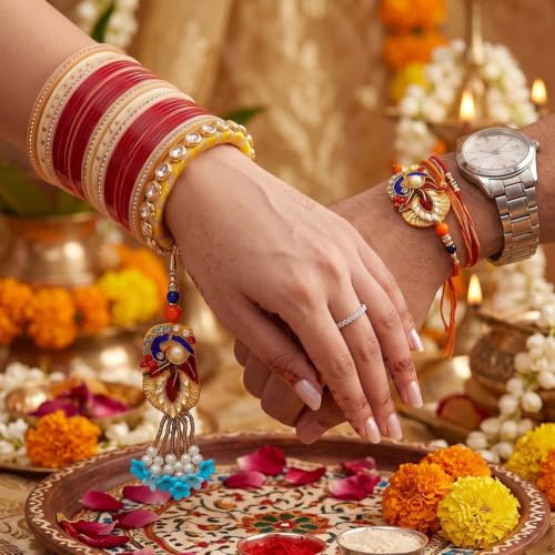 Image of ascension Premium Designer Bhaiya Bhabhi Couple Rakhi Bracelet Set Ethnic Raksha Bandhan Gift with Roli Tilak & You are My Hero Fridge Magnet