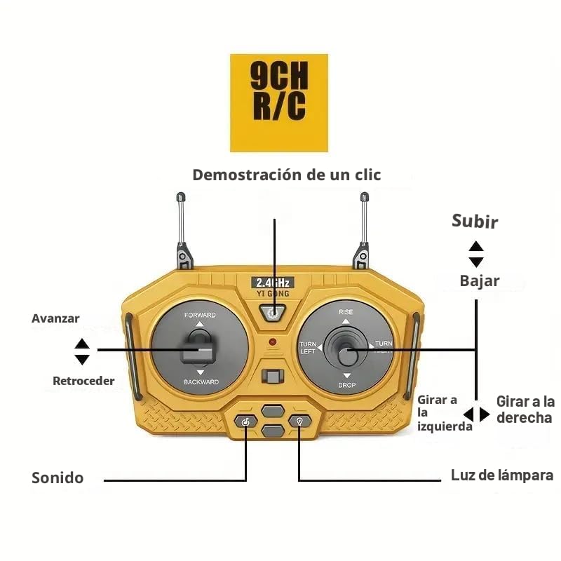 Bulldozer Teledirigido Niños, Vehículo de Construcción RC 9 Canales 1:20 con Pala de Metal, Tractor Juguete Coche Radiocontrol Todo Terreno con Luces y Sonidos, Regalo Niño 3 4 5 6 7 Años