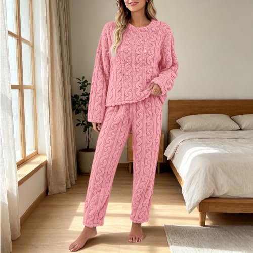 Winter Pajamas for Women Flannel Lounge Sets Cozy Fuzzy Sleepwear Pink L - image 2