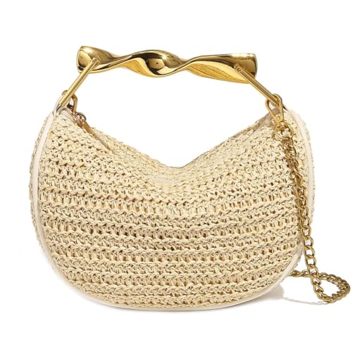 Straw Clutch Bag for Women Mini Summer Satchel Purse Fashion Woven Crossbody Shoulder Handbags with Chain Strap