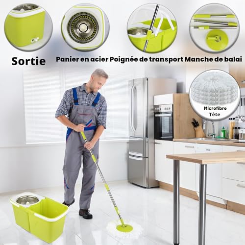 ARSUK serpillères et seaux - 2 séparés empilables seaux avec 2 têtes de balai en microfibre | poignée télescopique rotative à 360° réglable en hauteur – vue 4