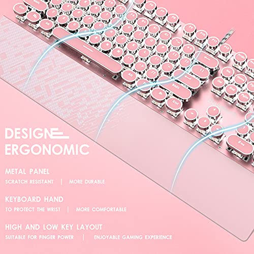 Basaltech Typewriter Keyboard And Mouse Combo, Pink Gaming Keyboard With White Led Backlight, Round Keys Blue Switch Mechanical Keyboard With Magnetic Removable Wrist Rest For Game And Office #TOP4