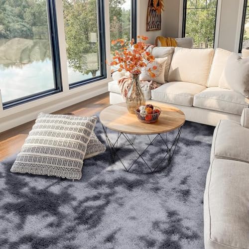 FVVRAX Area Rugs Living Room Rug, Soft Fluffy Shaggy Bedroom Rug Floor Carpet, Large Carpets for Kids Girls Dorm Nursery Bedside Rug, 122x183cm, Tie Dyed Dark Grey