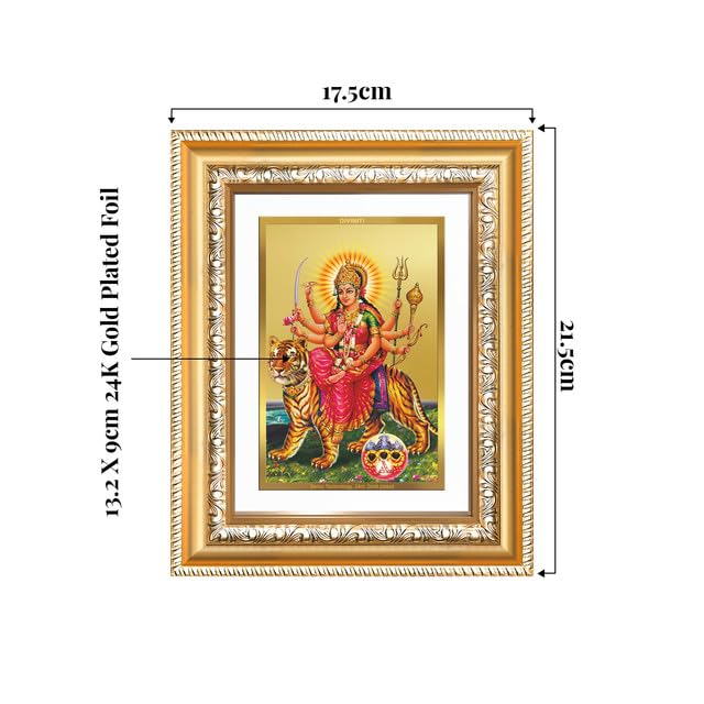 Image of DIVINITI Durga Sherawali Mata with Pind 24K Gold Plated Foil Wall and Tabletop Photo Frame for Home Decor, Puja Room, Luxury Gifting | DG Frame 112 S2 (21.5x17.5 CM)