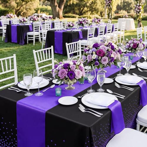 Image of Breling 8 Pack Black and Purple Disposable Plastic Tablecloths and Satin Table Runner Set, 54 x 108 Inch Tablecloth, 12 x 108 Inch Table Runners for Wedding Graduation Birthday Baby Shower