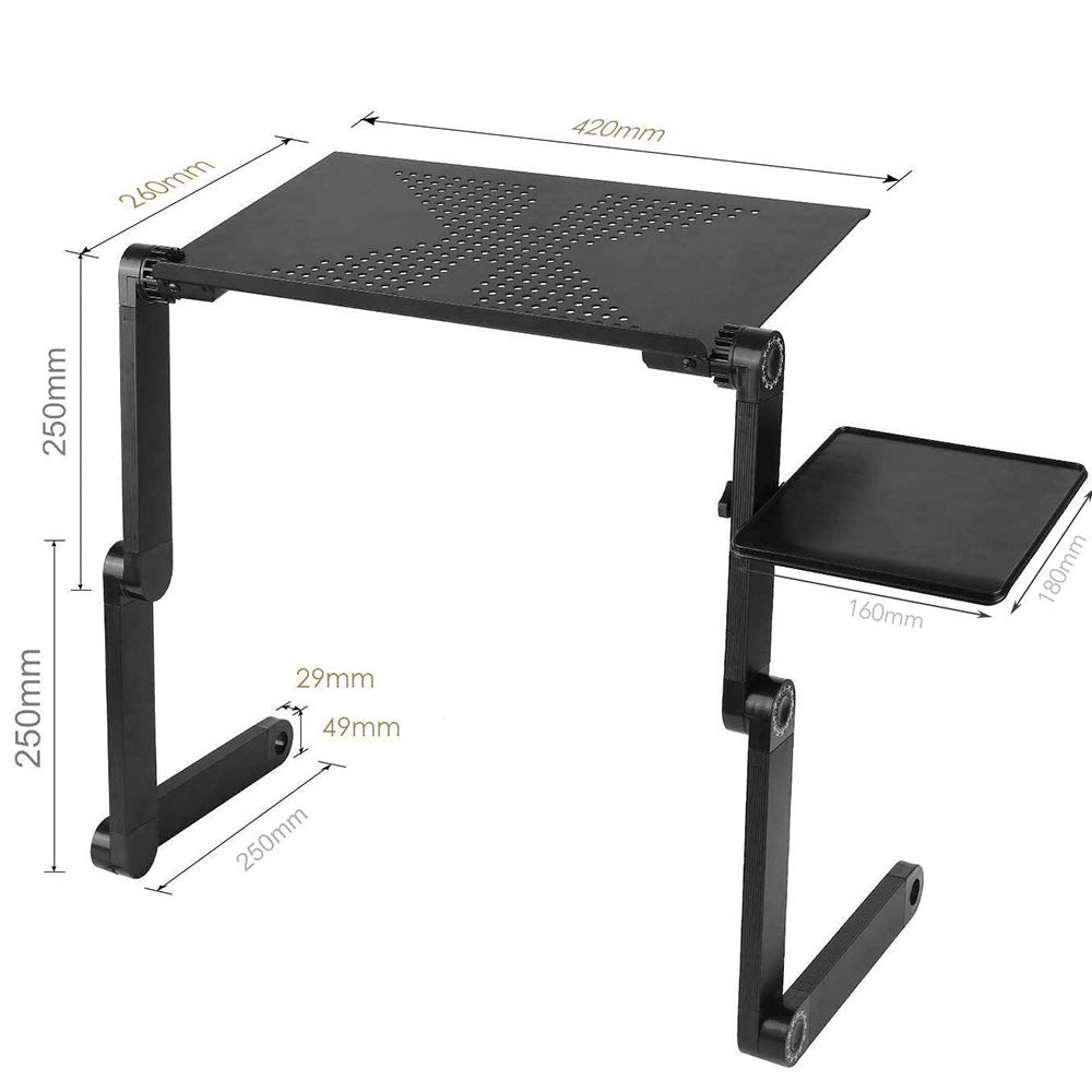 Table de Lit Pliable, Table Portable pour Ordinateur Table d’Ordinateur Plateau de Service Pieds réglables en Hauteur avec tiroir et Trous de Ventilation (54 * 27 * 4.5 cm-Noir)