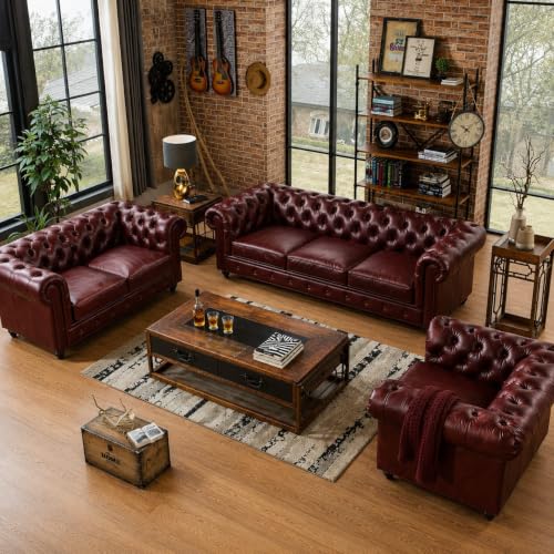 Image of Modern Classic Design Leatherette Luxury Chester Sofa Set with Button Tufted, Sofa for Living Room Home, Office, Hotle and Lobby, Living Room Set (Burgundy, 3+2+1=6 Seater Sofa)