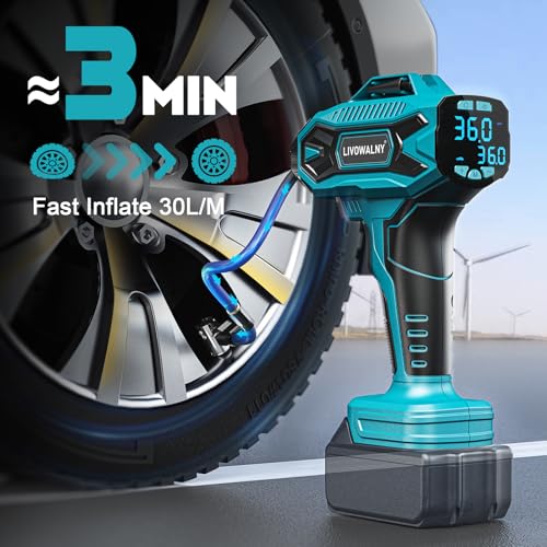 Image of Tire Inflator Air Compressor Compatible with Makita 18V Battery, LIVOWALNY 160 PSI Cordless Portable Electric Air Pump 2026 Bigger LCD Digital Pressure Gauge for Car, Bike, Sport Ball (Tool Only)