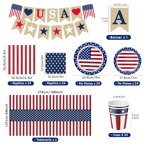OHOME Fourth of July Decorations - Serve 24 - Patriotic Plates Tablecloth Napkins Cups Banner | 4th of July Accessories for Home Outdoor Memorial Day | America 250th Merchandise Anniversary by OHOME - Used condition - Image 2
