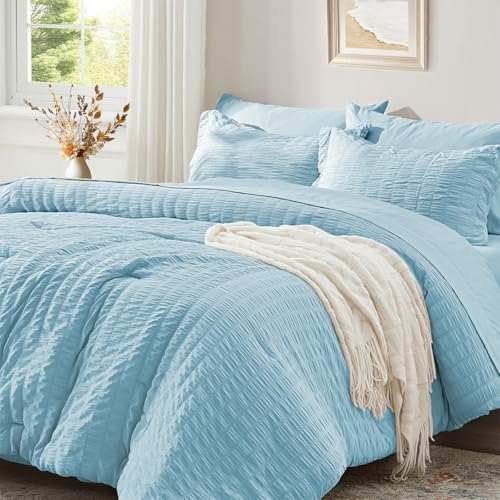 Image of Zzlpp Full Comforter Set 7 Pieces, Light Blue Seersucker Bed in a Bag with Comforter and Sheets, All Season Bedding Sets with 1 Comforter, 2 Pillow Shams, 2 Pillowcases, 1 Flat Sheet, 1 Fitted Sheet