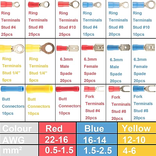 Image of 300pcs 18 Types Crimp Connectors, Ring Spade Fork Butt Wire Connectors Kit, 6.3mm Male and Female Spade Connector kit, Quick Disconnect Crimp Terminals Electrical Connectors, Electrical Terminals
