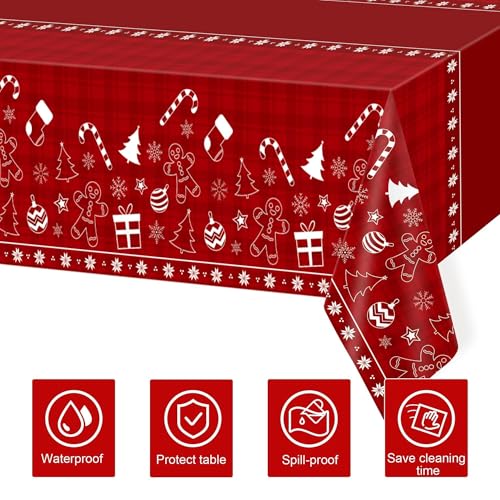 Image of Childom 2 Pack Christmas Tablecloths Disposable,Christmas Decorations,54 x 108 Inch,Plastic Table Cloths for Rectangle Tables,Red Themed Checkered Table Covers for Xmas,Indoor,Outdoor,Birthday,Parties