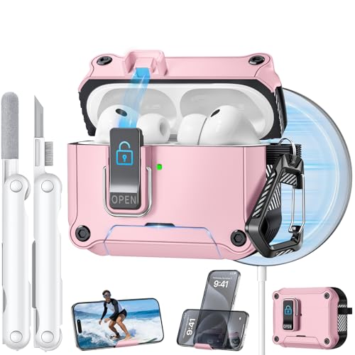 Image of Dual Safety Lock for AirPods Pro 3 Case 2025, Compatible with MagSafe | Designed with Automatic Switch and Phone Stand, Includes a Cleaner & Keychain - Rugged Tough Hard Shell
