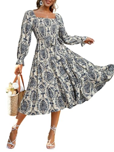 Image of Simplee Womens Long Sleeve Maxi Dress Casual Square Neck Smocked Flowy Fall Wedding Guest Dresses