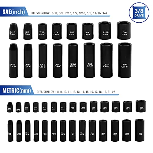 Image of Reniteco 50-Piece 3 /8 inch Drive Socket Set, SAE (5 /16 inch-3 /4 inch) & Metric (8mm-22mm), Deep & Shallow, 72-Tooth Ratchet Wrench, Extension Bars, 1 /2 inch F to 3 /8 inch M Reducer, Universal Joint & Power Drill Adapter